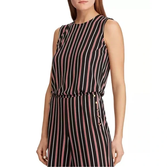 NWT Ralph Lauren Striped Wide-Leg Jumpsuit Black Red White Gold Hardware Size XL - Picture 2 of 10